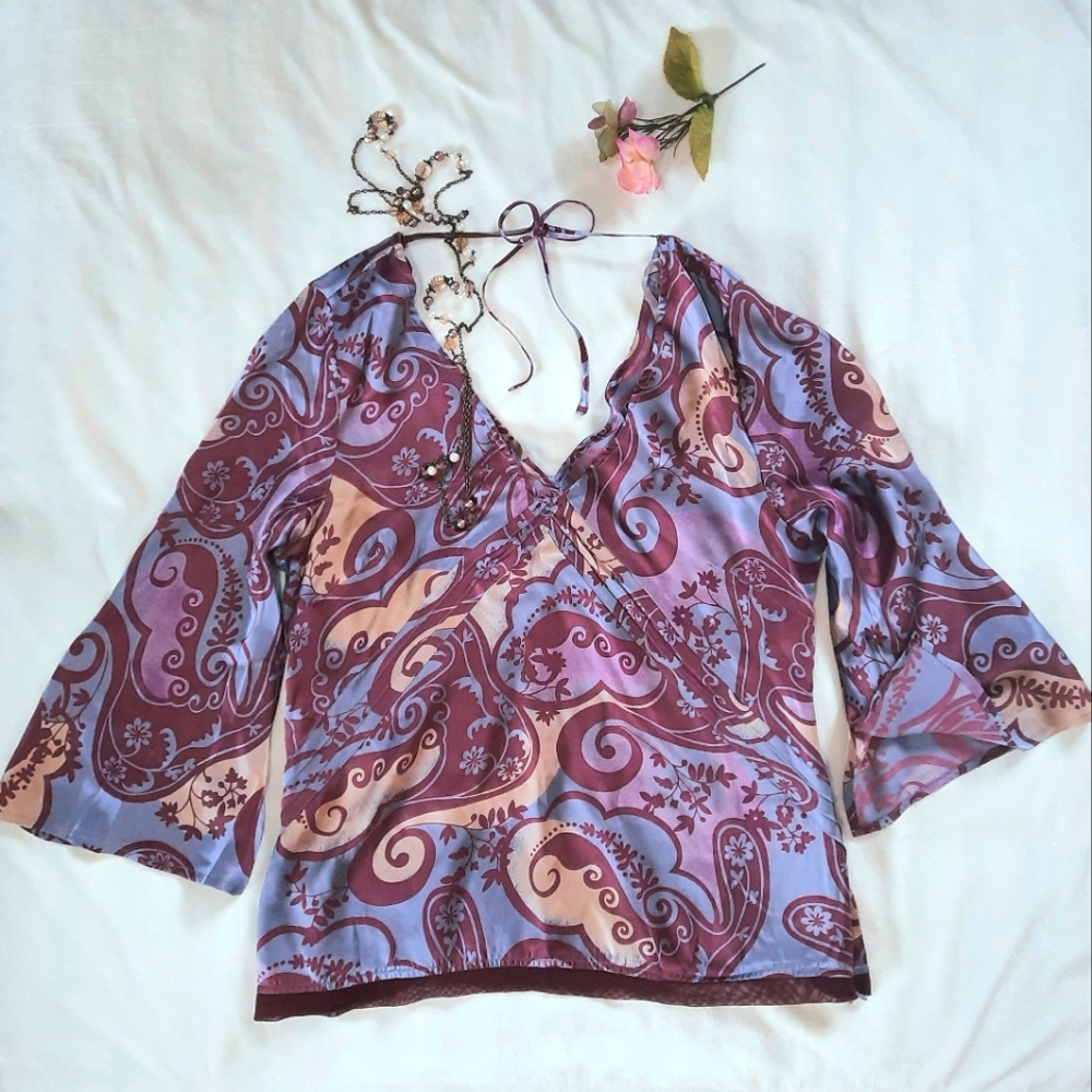 Women’s Paisley 100% silk Blouse with flare sleeves